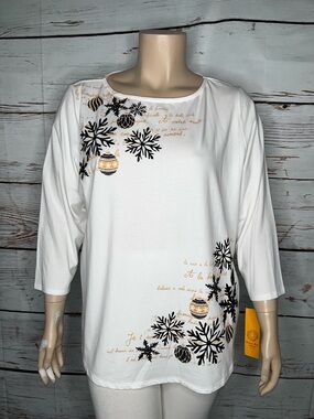 Ruby Rd. Woman NWT 2X White - Snowflake Velvet Flocked Christmas Knit Top Shirt